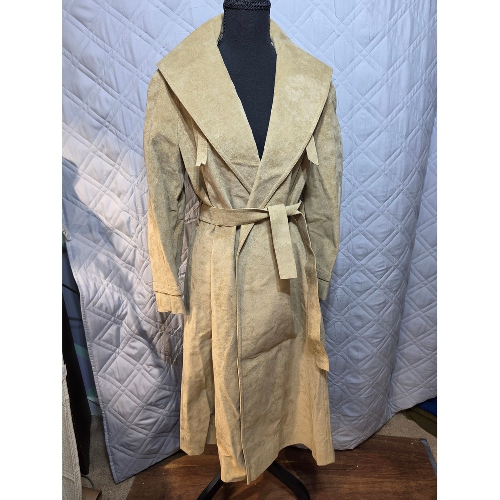 Vintage Bonwit Teller UltraSuede Trench Coat Camel Tan Wrap Duster Womens S M